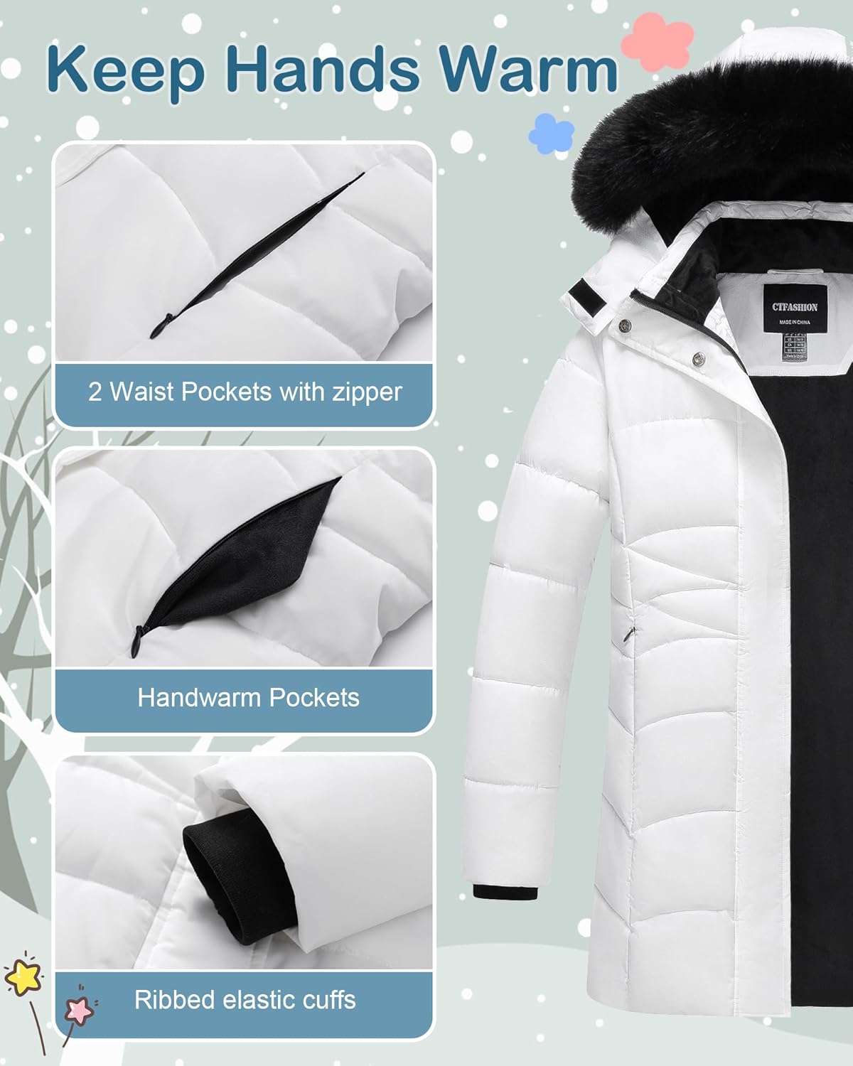 Girl's Puffer Jacket Kids Long Winter Coat Heavyweight Ski Parka Warm Fleece Outerwear with Removable Fur Hood - Image 5