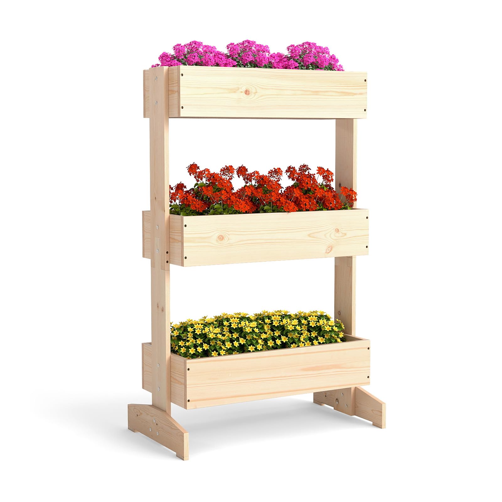 HOMASIS Orto Rialzato da Esterno a Tre Livelli, Fioriera Rialzata a Scala in Legno di Pino con Foro di Drenaggio, Vaso Regolabile per Fiori e Verdure da Giardino, 69 x 39 x 109 cm, Naturale