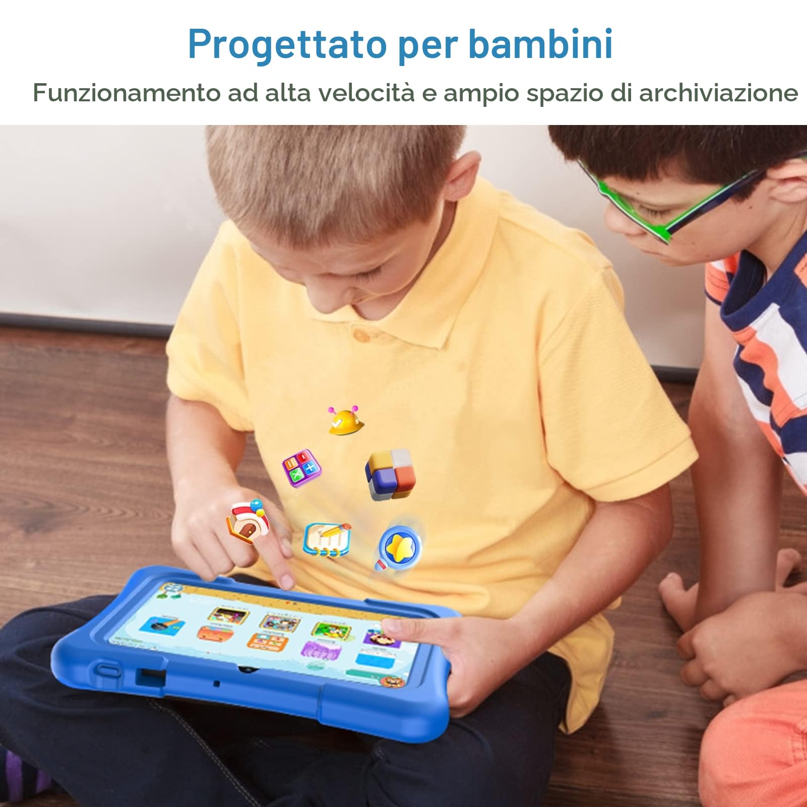 PRITOM Tablet per bambini 7 pollici Android 11, 2 GB RAM 32 GB ROM BT WiFi Doppia fotocamera Giochi educativi Controllo genitori Software con custodia per tablet di tipo C blu