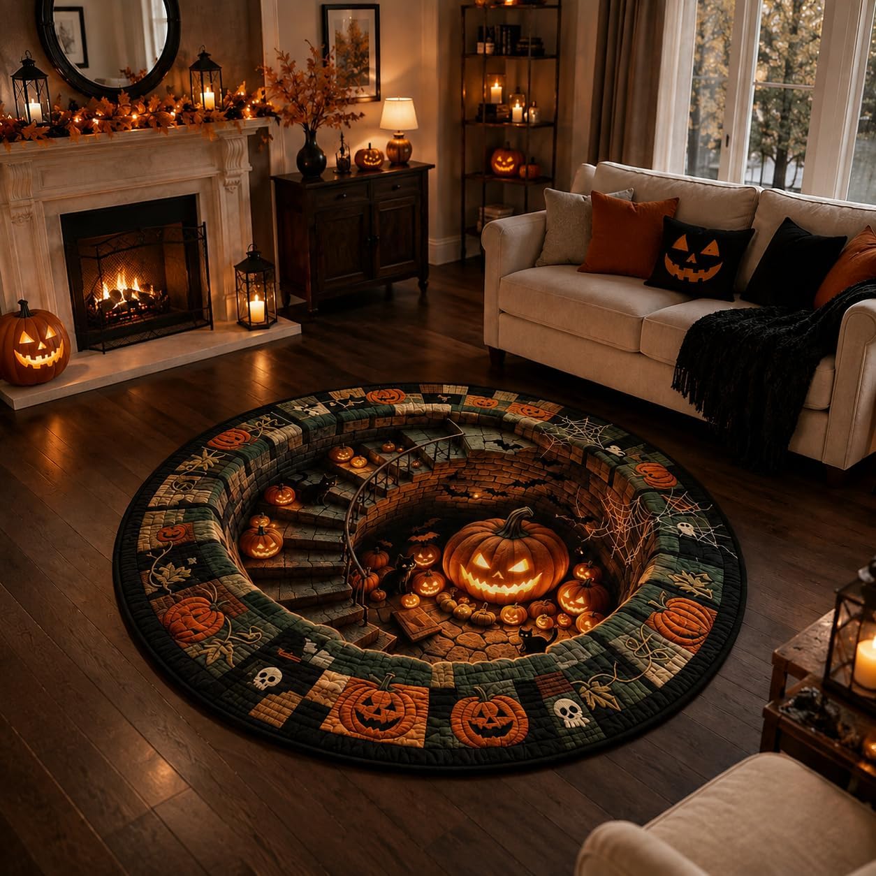 Halloween 3D Illusion Rug, Horror Pumpkin Round Mat