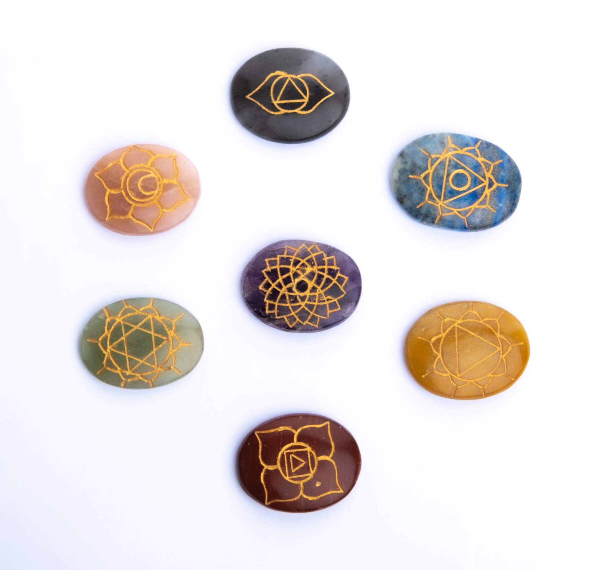 Hulara-7 Chakra Stones Set Reiki Healing Engraved Palm Worry Pocket Stone Stress Anxiety Relief Chakra Balancing Crystal Stable Mind Meditation Aid Yoga