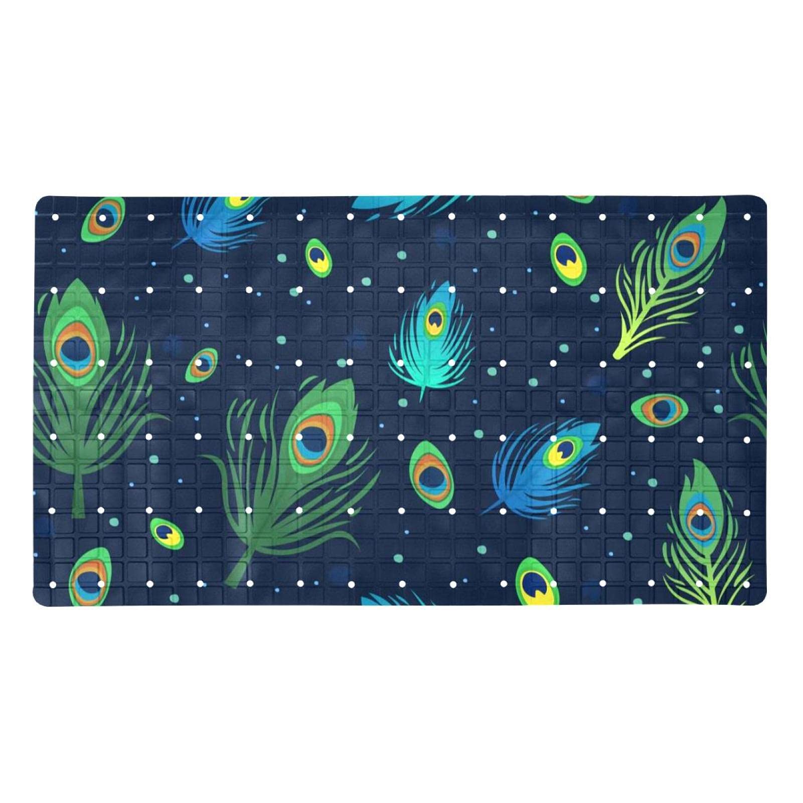 Tapis de bain antidérapant à ventouses 40x70 cm bleu foncé imprimé plumes