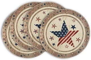 Artoid Mode Wood Stars Strip-Shaped 4th of July Round Placemats Set of 4,14 Inch Patriotic Memorial Day Table Mats for Party Kitchen Dining Decoration