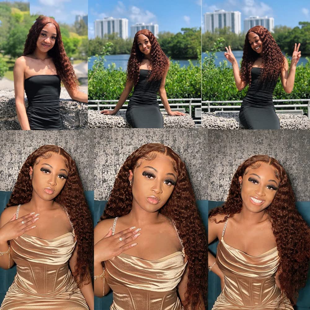 Lakaisa 32 Inch #4 Chocolate Brown Human Hair Wig Deep Wave Human Hair 13X4 Transparent Lace Front Wigs 150% Density Glueless Pre Plucked Natural Hairline for Women - Image 2