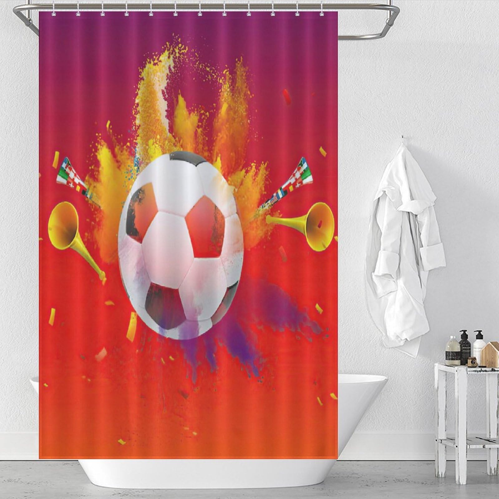 Rideau de douche football imperméable avec crochets pour salle de bain 122x183 cm