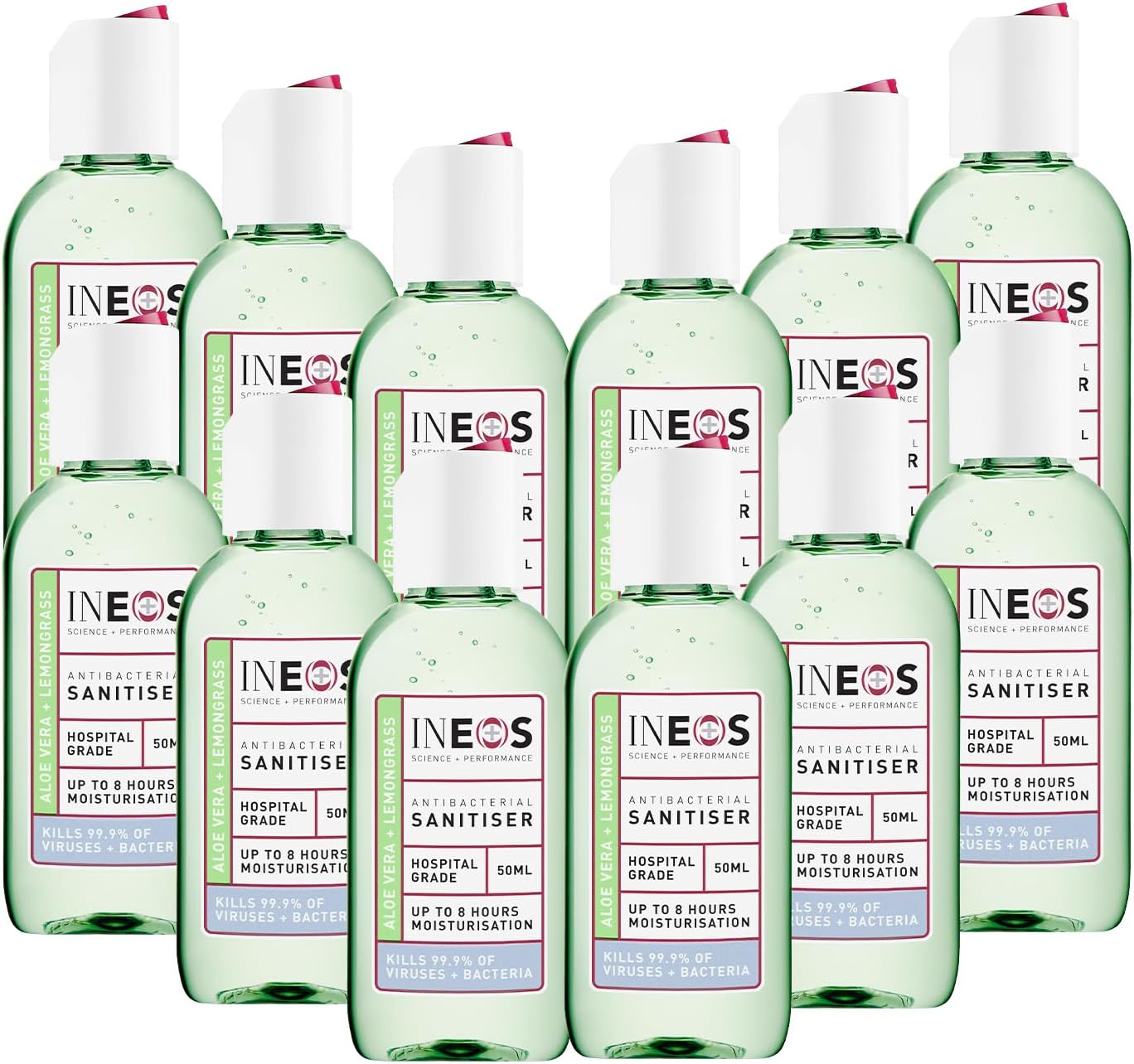 INEOS - Sanitiser Pocket Gel (50 ml) - Hand Sanitiser - Aloe & Lemongrass - Hospital Grade, Effective against 99.9% of Viruses and Bacteria (12 Pack), Packaging May Vary