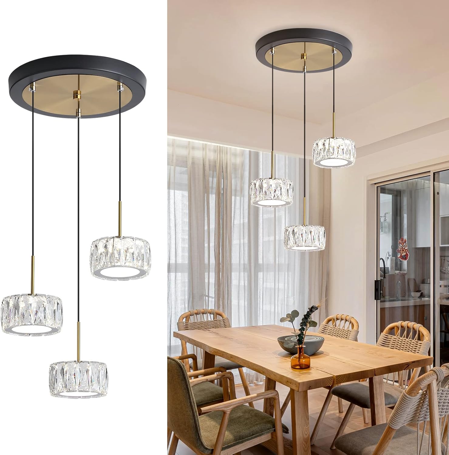Amwajia Pendant Light Fixtures Modern Dimmable LED Pendant Light,Crystal Lampshade with Black