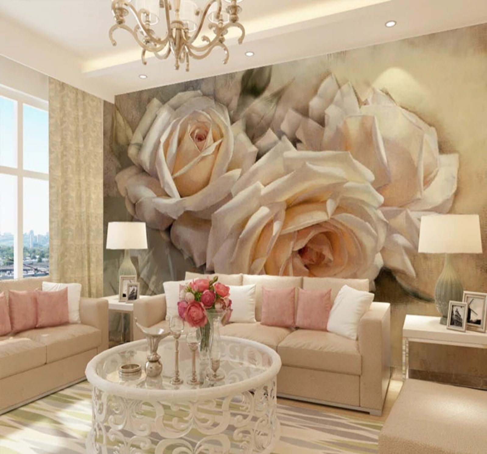 Wallpaper-3D-Xlm 250Cm×170Cm(B×H) Simple Exquisite Beautiful Pink Rose 3D Wallpaper Easy Install Feature Office Living Room Sofa Bedroom Tv Background Wall Decoration-250Cm×170Cm