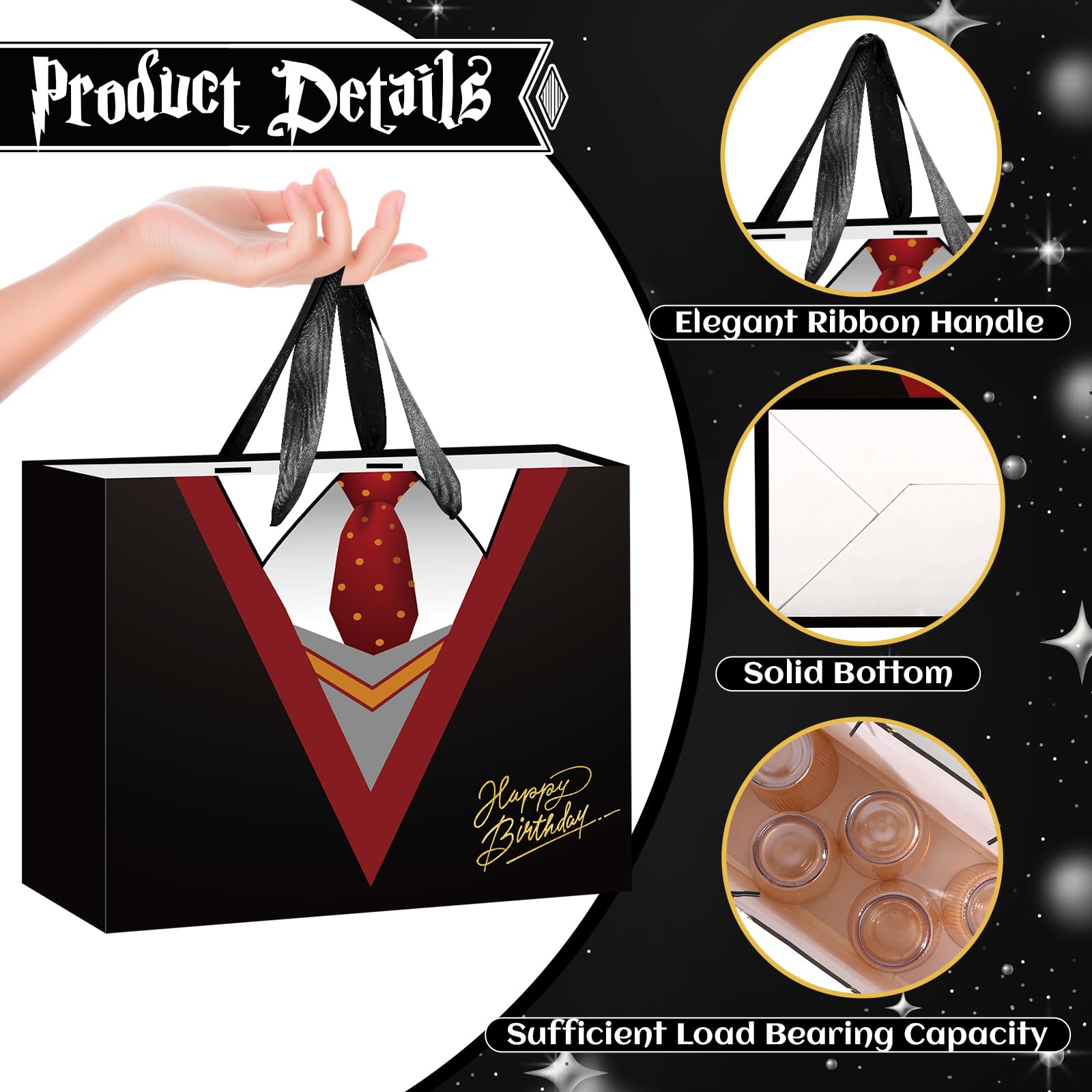 Large Wizard School Gift Bag with Wrapping Paper and Card Magical Wizard Birthday Bag with Handles Tie Necktie Birthday Baby Shower Paper Bags for Girls Boys Halloween Party Supplies Decorations