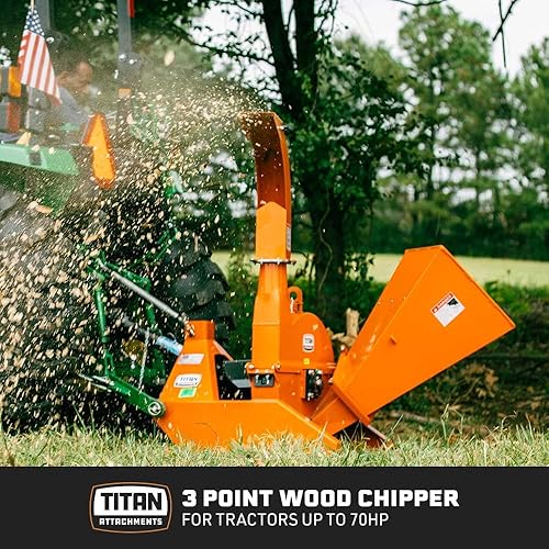 Vista 3 de Titan Attachments Trituradora trituradora de madera de 3 puntos impulsada por PTO de 6 x 10 pulgadas, canal de salida ajustable, hasta 70 HP, rotor