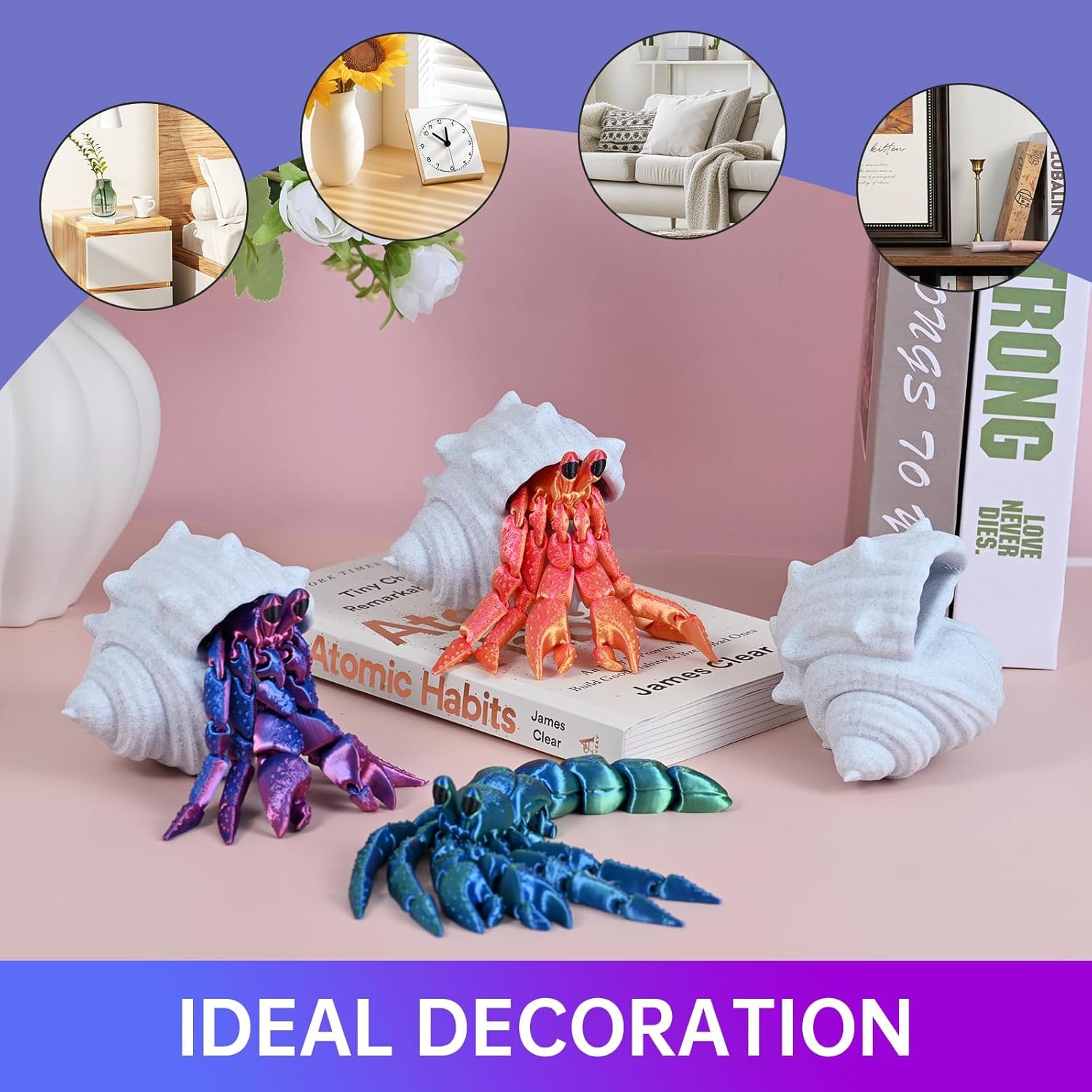 GemmiCho 3D Printed Animals, 7.8" 3D Printed Hermit Crab with Shell, 3D Printed Toys for Stress Relief, Animals Figurines Fidget Crab Toy for Boys Kids Teen 5-7 4-6 8-12 (Purple)
