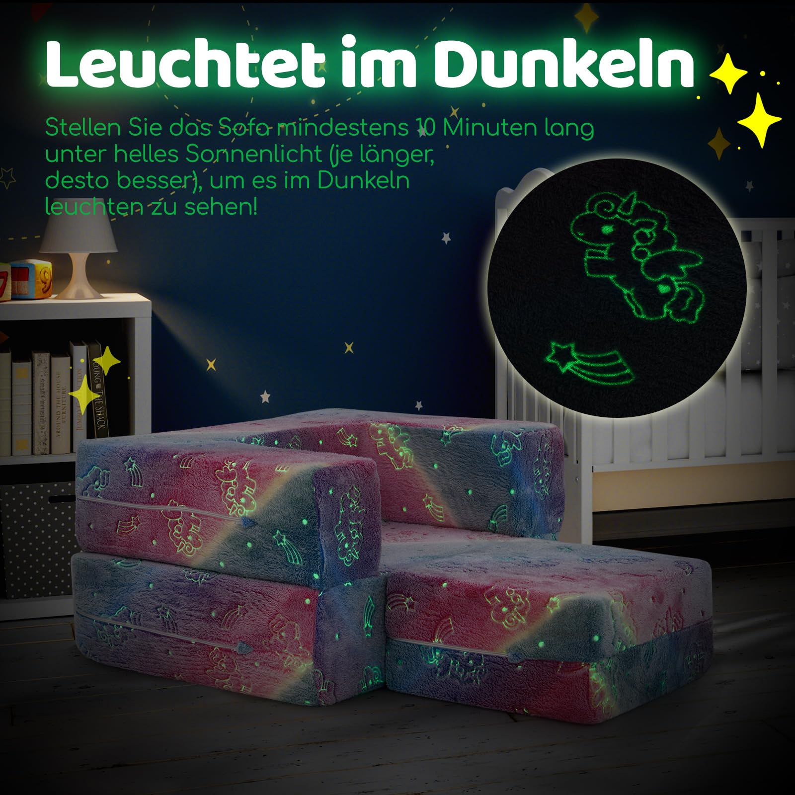 COSTWAY Modułowa sofa dla dzieci świecąca w ciemności, sofa modułowa ze zdejmowanym i nadającym się do prania w pralce flanelowym pokrowcem, sofa dla malucha do pokoju zabaw i pokoju dziecięcego