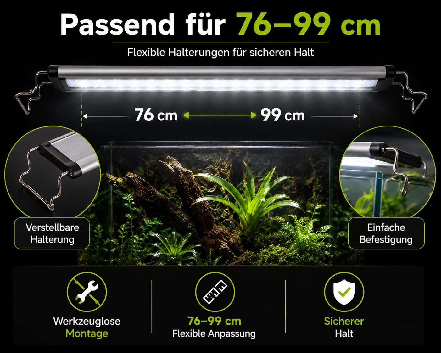 Happet TerraLED Terrarium Beleuchtung 23W 3000 lm 8000K, LED Terrarienlampe für Reptilien & Vivarien, Pflanzenlicht, Aufsatzleuchte, Tageslichtlampe, LED Lichtleiste für 76–99 cm Terrarien