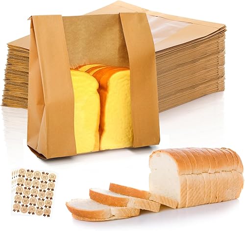 ZENFUN Paquete de 100 bolsas de panadería con ventana transparente, bolsas de pan de papel kraft a granel, bolsas de almacenamiento de pastelería