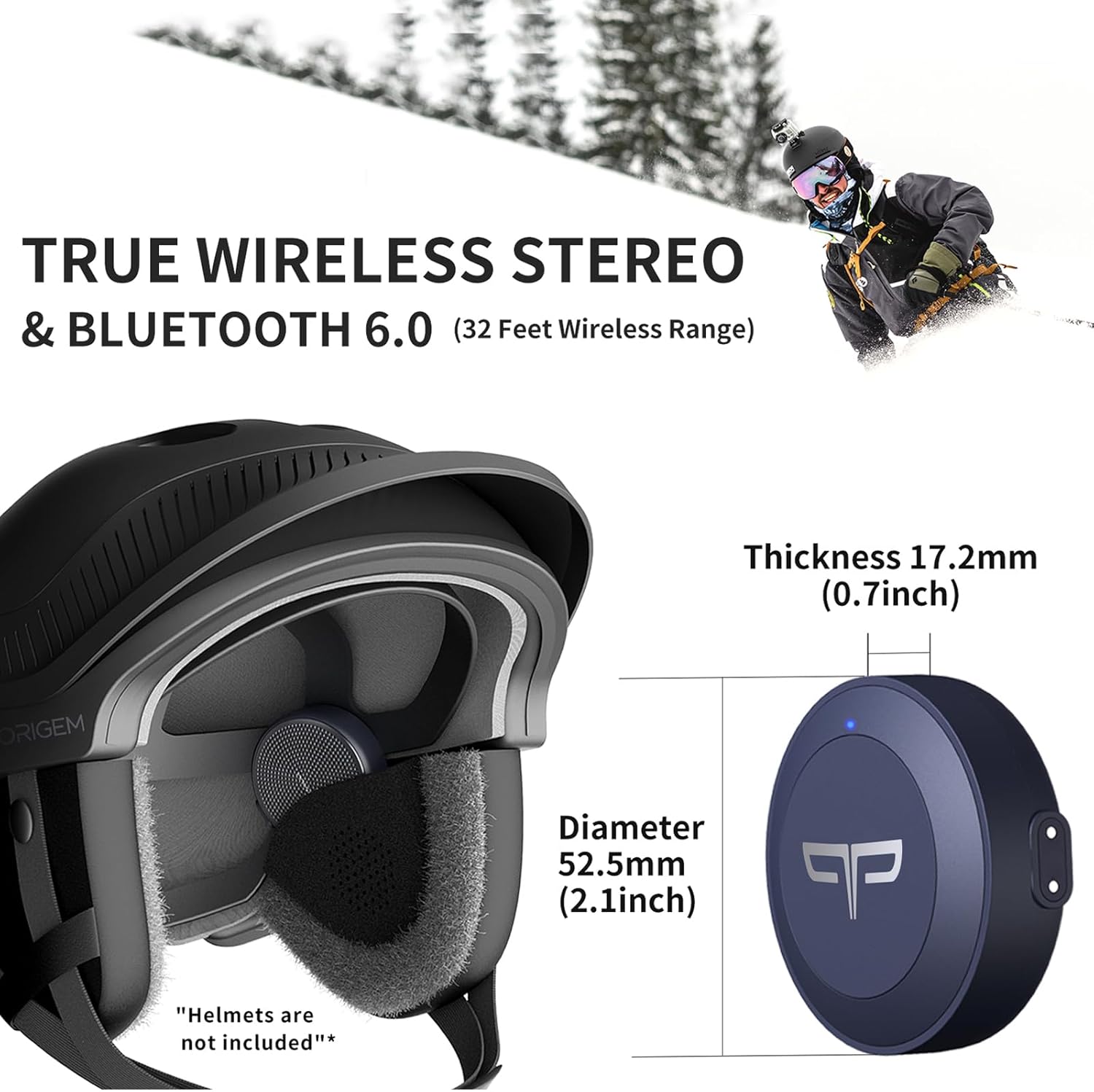 Origem Ski Helmet Speakers, True Wireless Stereo Snowboard Headphones with HDR Audio, Drop-in Headphones Compatible with Any Audio Ready Ski or Snowboard Helmet, Bluetooth 6.0