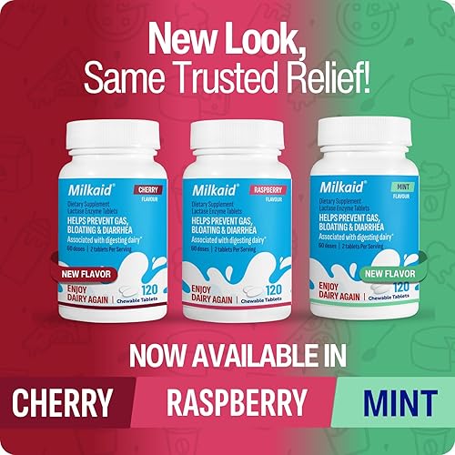 Miniatura 4 de Milkaid Comprimidos masticables de enzima lactasa para aliviar la intolerancia a la lactosa  Previene gases, hinchazón y diarrea  Suplemento