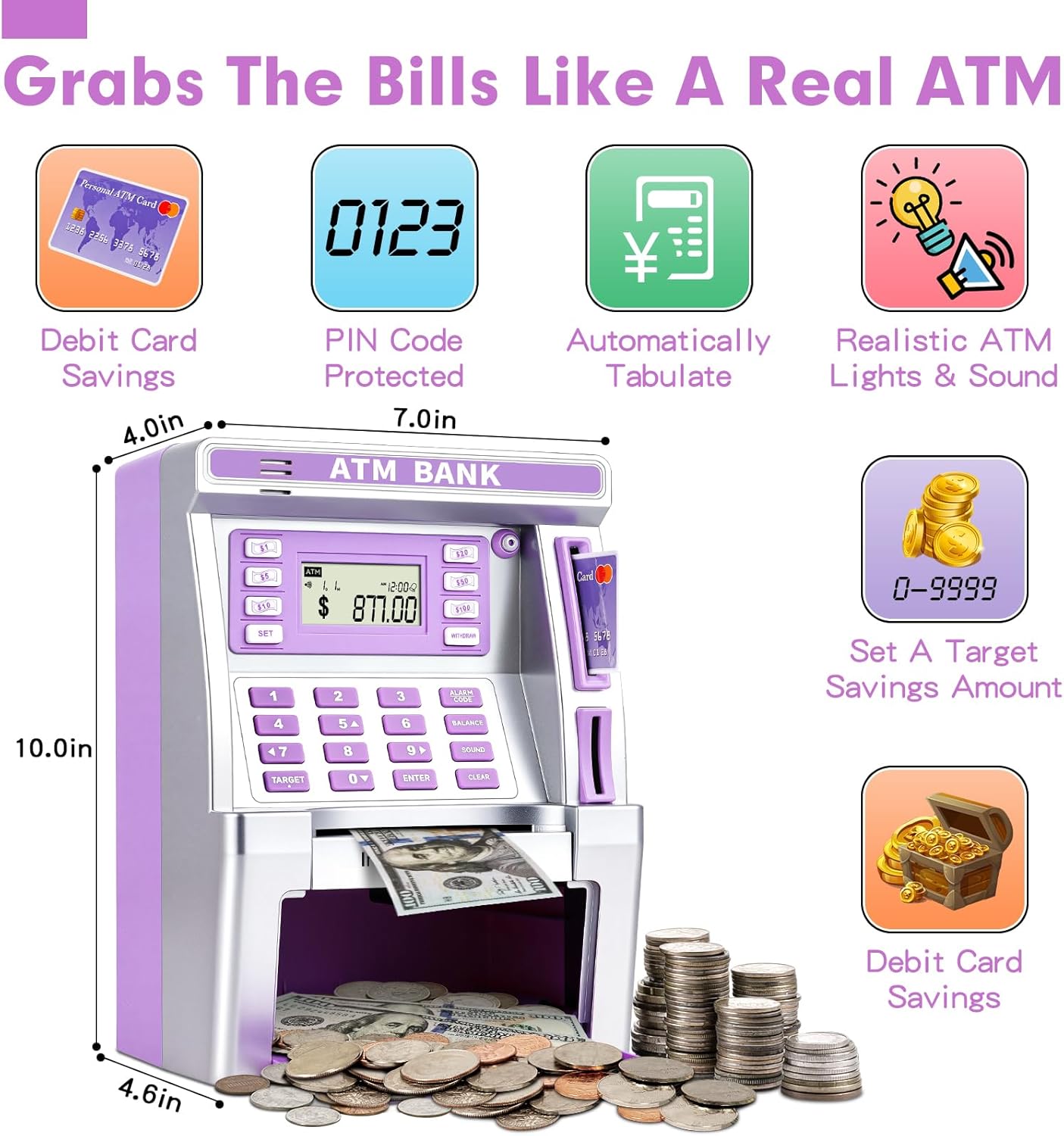 Purple Piggy Bank for Kids, ATM Machine Bank for Real Money with Debit Card, Bill Feeder, Coin Recognition, Balance Calculator, Electronic Savings Safe Box, Gifts for Teen Boy Girl