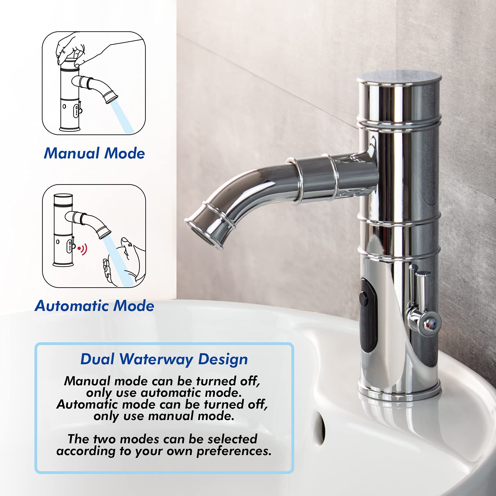 Grifo integrado manual y automático, grifo de lavabo de baño sin contacto con tubo de salida giratorio, cromo, TS-5501C-S