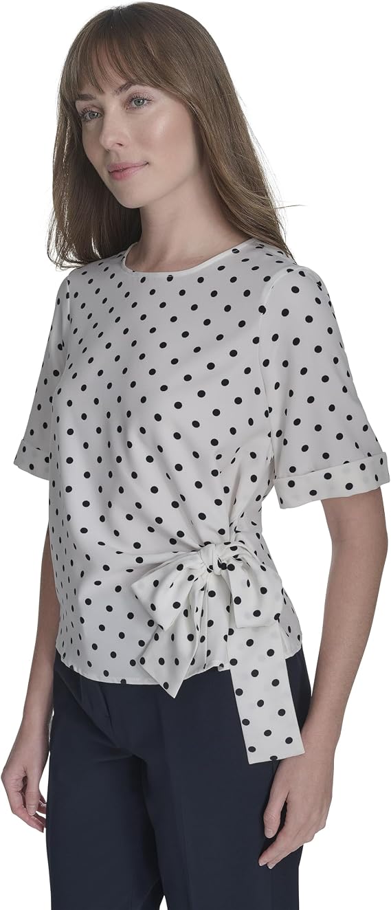 Tommy Hilfiger Women's Short Sleeve Dot Print Tie Front Shirt