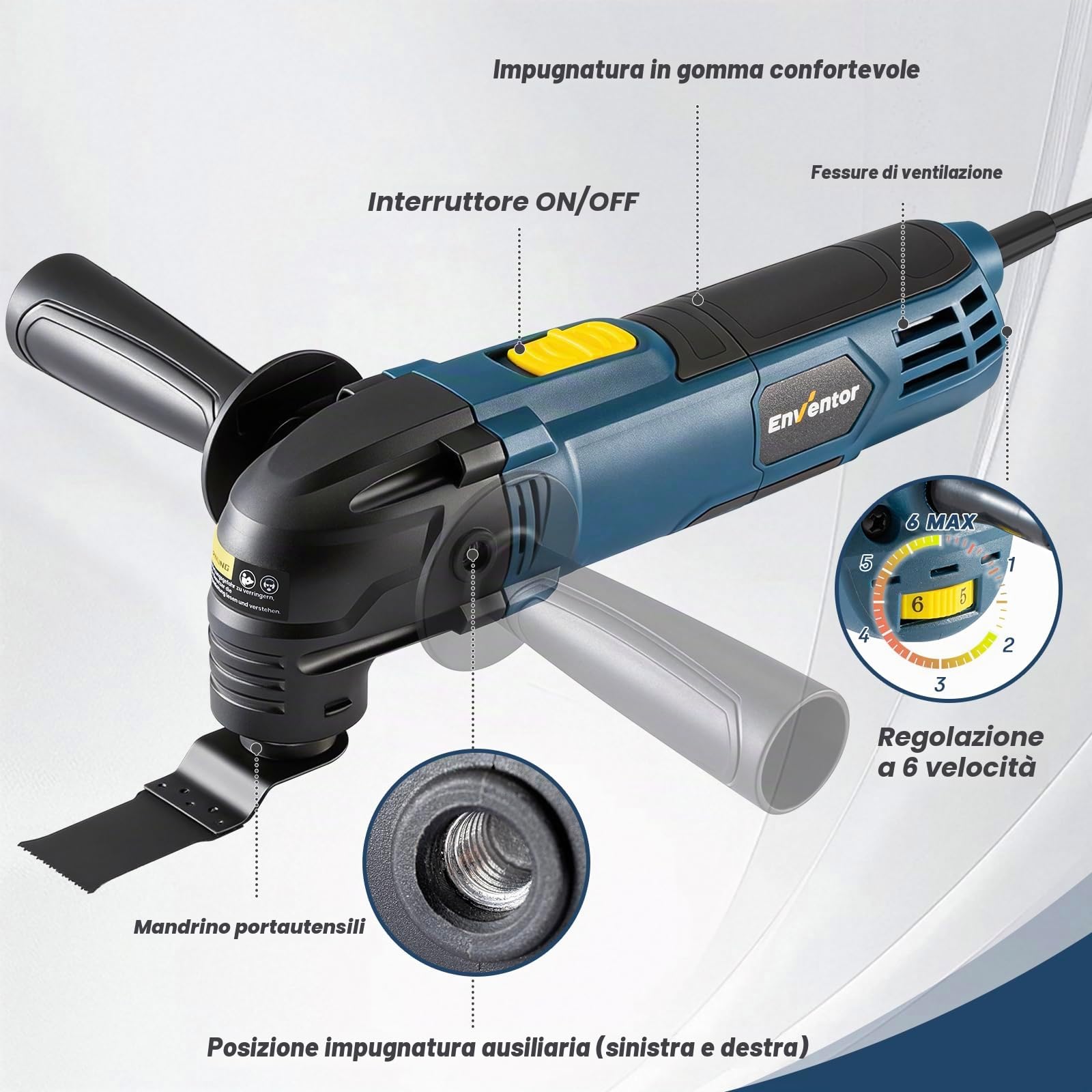 Enventor Utensile multifunzione oscillante, 300W, con 17 accessori | 15000-22000OPM, 6 velocità variabili, angolo di oscillazione 3°, impugnatura ausiliaria, per taglio, levigatura e raschiatura