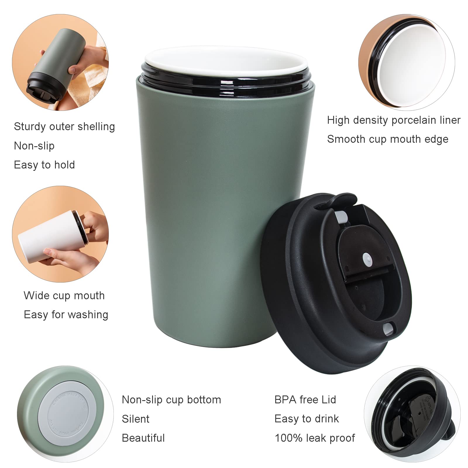 Klaraber Travel Coffee Cup, Ceramic Lined Travel Mug with Leakproof Lid, Insulated & Reusable - Image 3