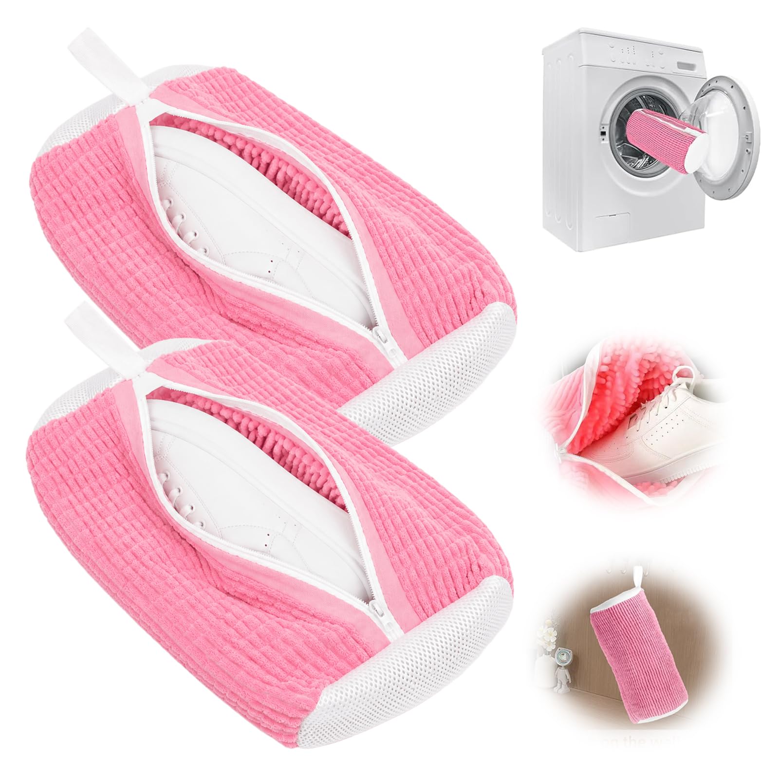 VOIDHUES Shoe Washing Machine Bag 2pcs Trainer Washing Machine Bag Reusable Sneaker Cleaning With Zipper Lined With Chenille Microfiber Suitable for Cleaning Athletic Shoes And Sneakers (Pink)