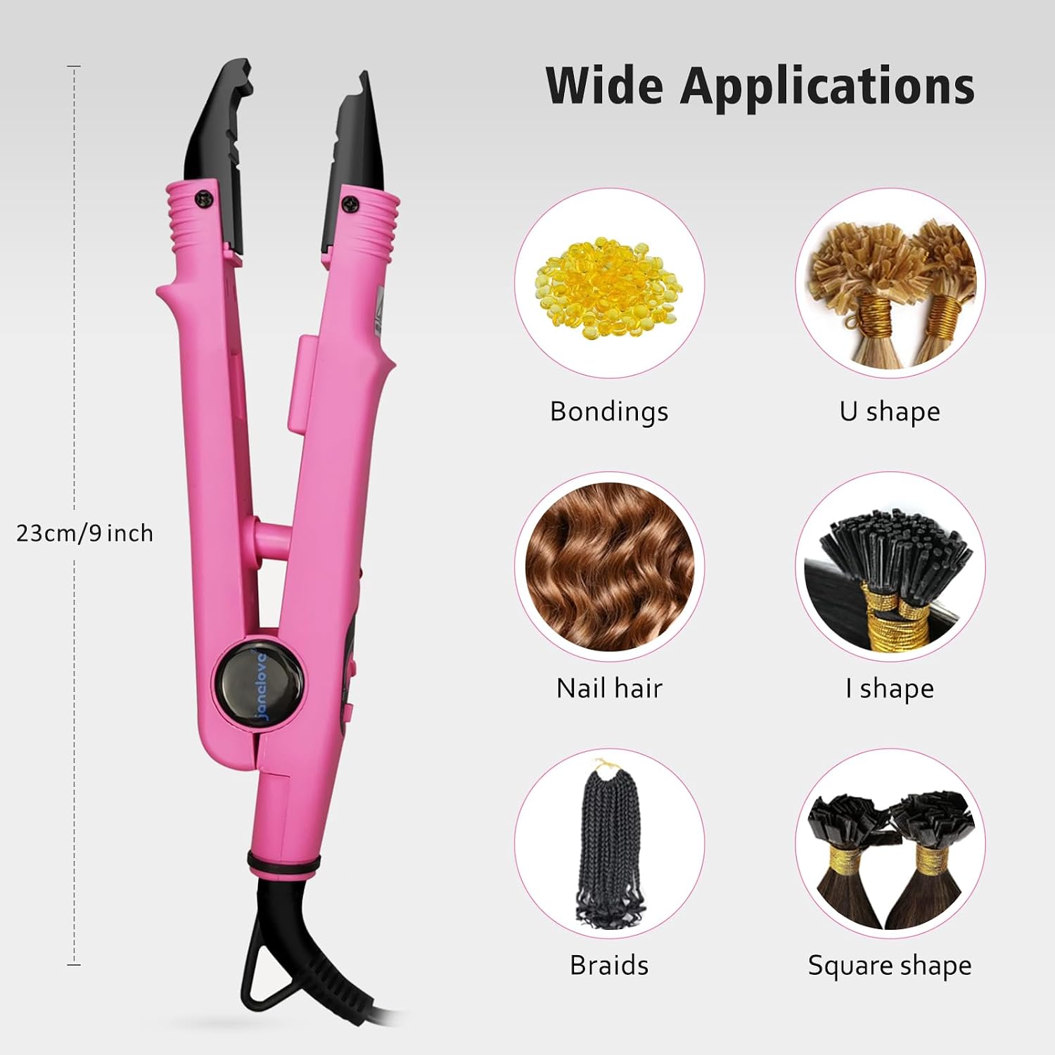 janelove Hair Extensions Iron, Fusion Keratin Hair Extensions Tool with 2 Bags Keratin Glue Granule Beads, Adjustable Temperature 210-390F, US Plug (Pink)