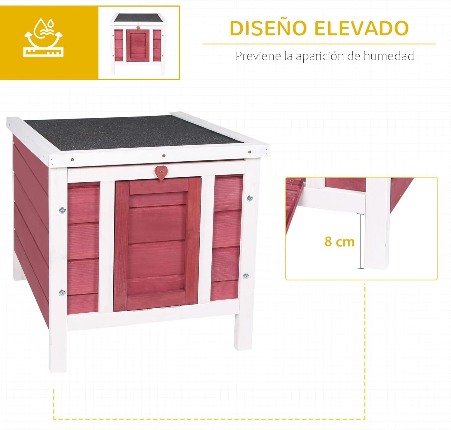 PawHut Wooden Rabbit Hutch Outdoor Cage House for Rodents Small Pets with Foldable Asphalt Roof and Non-Slip Ramp 42 x 51 x 43 cm Red