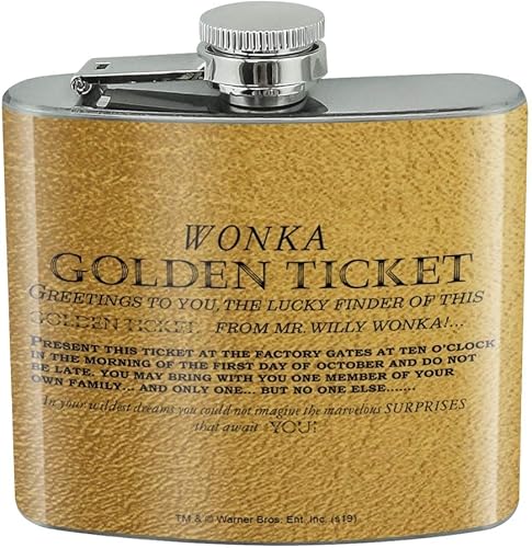 Willy Wonka and the Chocolate Factory Golden Ticket - Frasco de riñón de acero inoxidable, 5 onzas