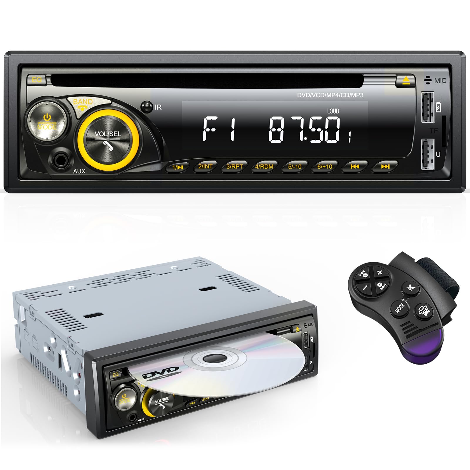 RDS Autoradio Bluetooth con Lettore CD DVD, Wistrue Stereo Auto Bluetooth FM/AM, Autoradio 1DIN con 2 USB, SD/AUX, 7 Colori, Telecomando, Lettore MP3