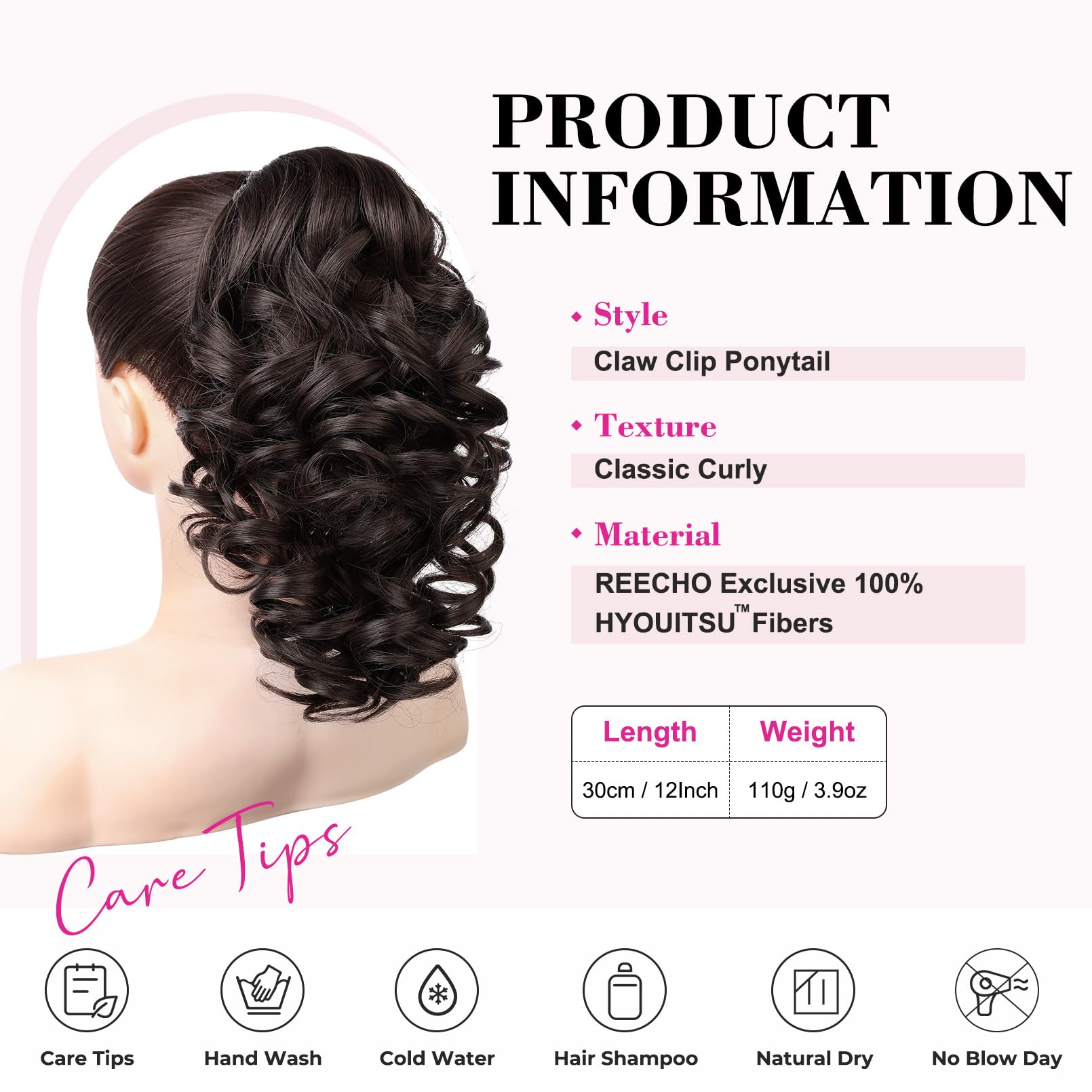 REECHO 12" Ponytail Extension, Classic Loose Curly Wavy Claw Clip Pony tails Hair Extensions Hairpieces for Women - Cool Dark Brown - Image 2