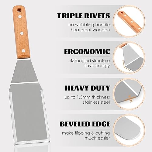 Miniatura 3 de HaSteeL Accesorios para plancha, espátula de metal, juego de 8 de acero inoxidable con mango de madera, espátula profesional para plancha, espátula,