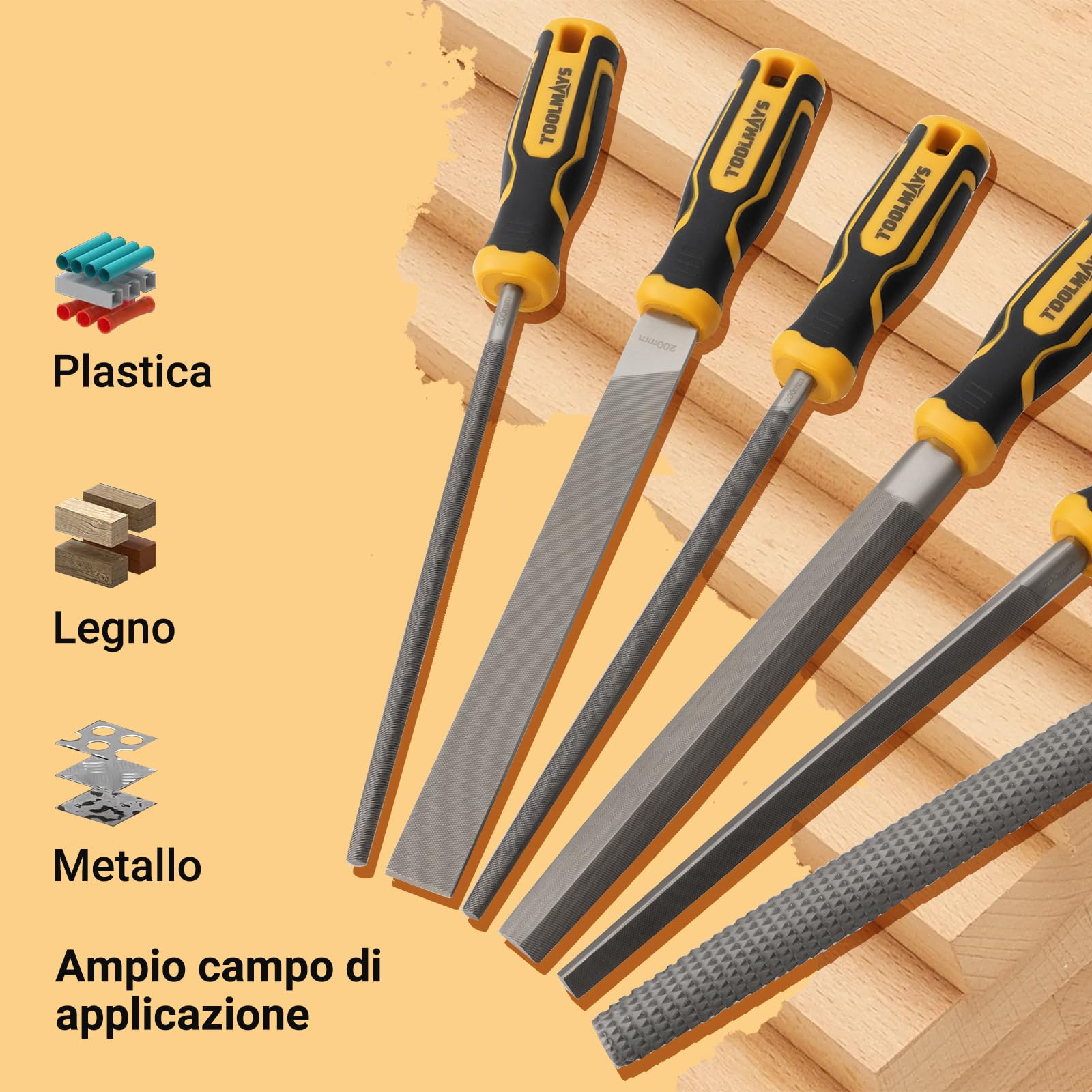 Set di Lima per Metallo e Legno 6 Pezzi, Raspa Legno con Custodia Arrotolabile, Manico in Gomma, Acciaio al Carbonio Alta Resistenza Lima Ferro Rotondo Semitonda Piatta Triangolare Quadrate