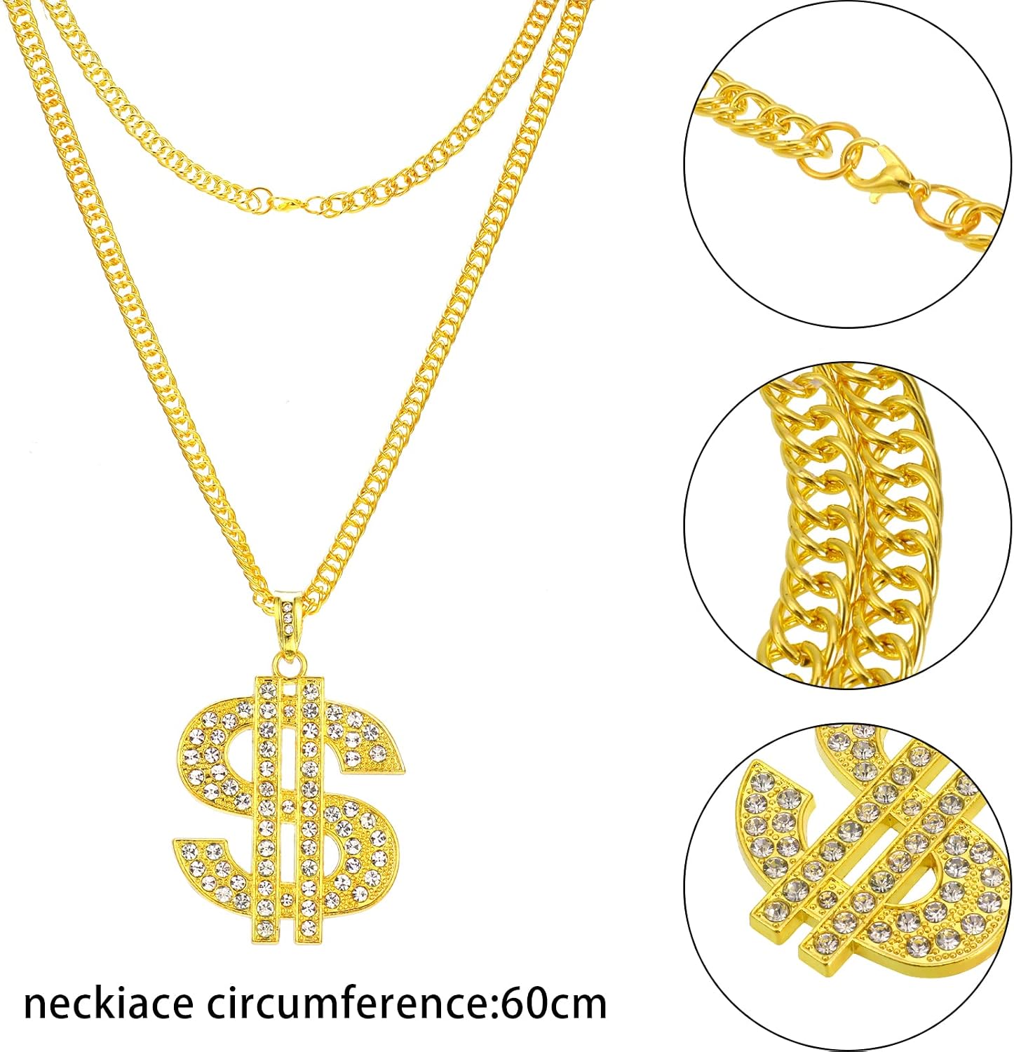 Dacitiery 4Pcs Hip Hop Constume Kit, Dollar Sign Necklace Rings Bracelet Disco Necklace Sunglasses 60s 70s 80s 90s Hip Hop Accessories Party Supplies - Image 4