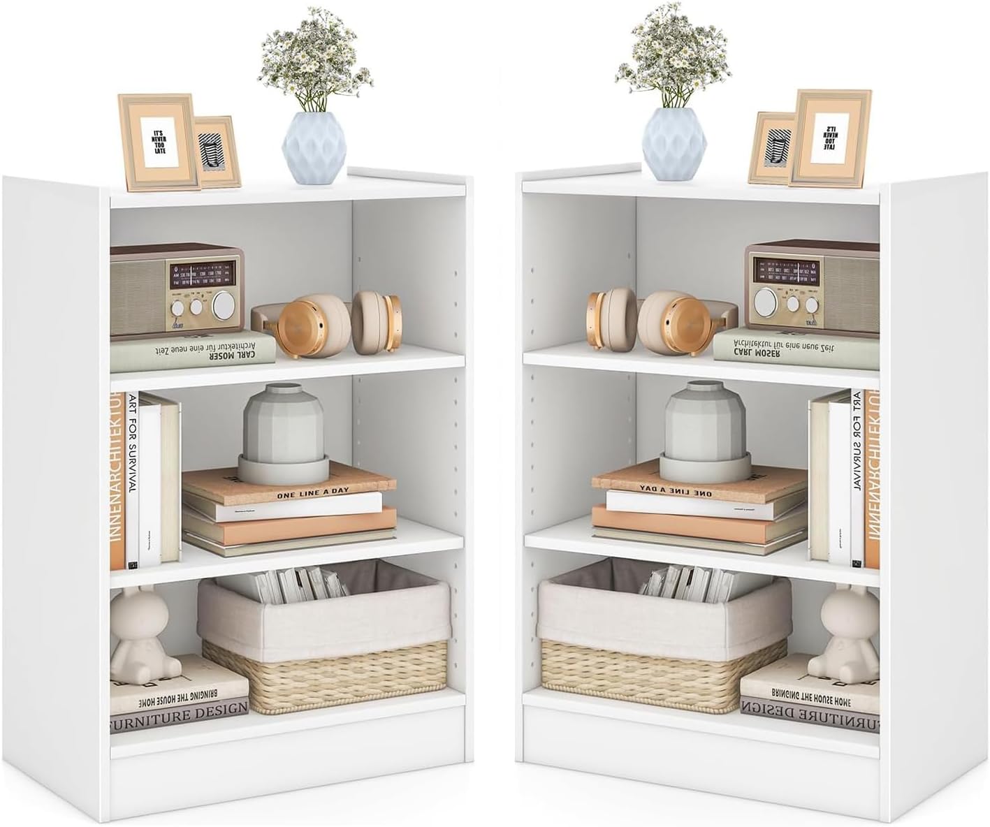 DORTALA 3 Tier Bookcase Set of 2, Freestanding Versatile Bookcase with Adequate Storage & Adjustable Shelves, Display Storage Home Organizer for Living Room Study, White