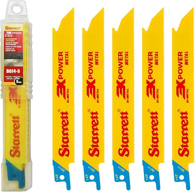 Starrett Metal Cutting Reciprocating Saw Blade - 5 Pieces B614-5 150 mm/6" Inch 14 TPI Unified Shank Straight Cut Bi-Metal - Compatible with Bosch Dewalt Makita & Many Others