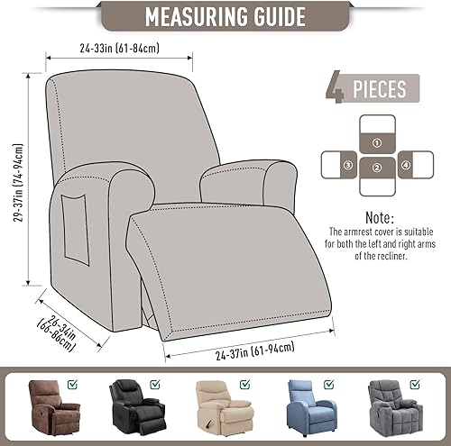 Miniatura 5 de TAOCOCO Funda reclinable de 4 piezas, funda elástica para sofá reclinable de 4 piezas, funda reclinable con 1 asiento, protector suave, fundas
