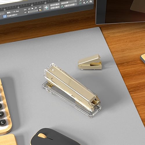 Miniatura 6 de Grapadora acrílica con espejo dorado con capacidad para 25 hojas y capacidad para 100 grapas, juego de grapadora dorada y removedor de grapas,