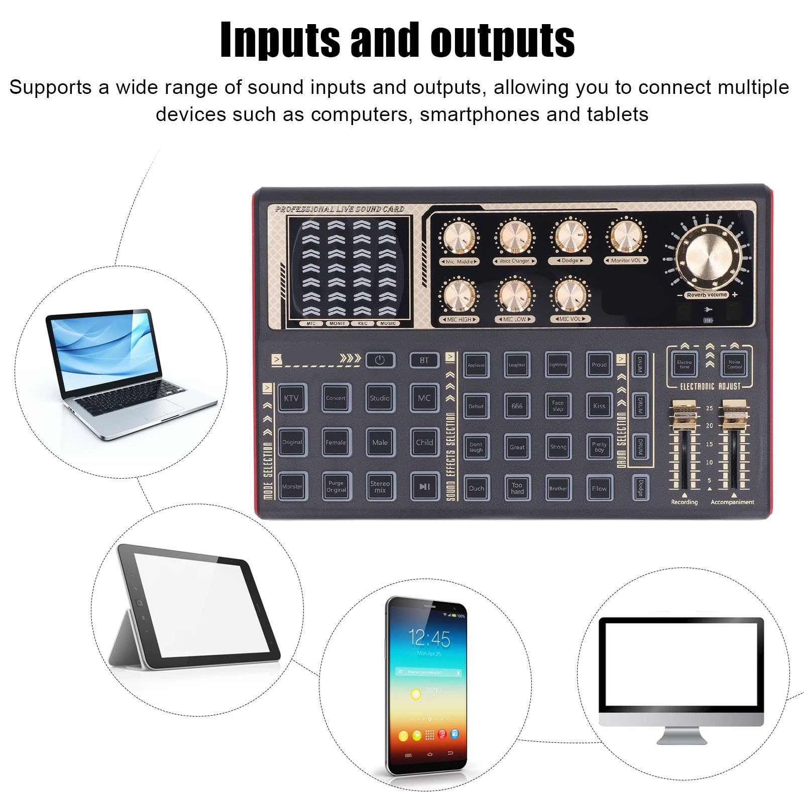 Scheda Audio Dal Cambia Voce, Mixer Audio Portatile Effetti Sonori, Schede Audio Esterne per Streaming Live Registrazione Accompagnamento Giochi