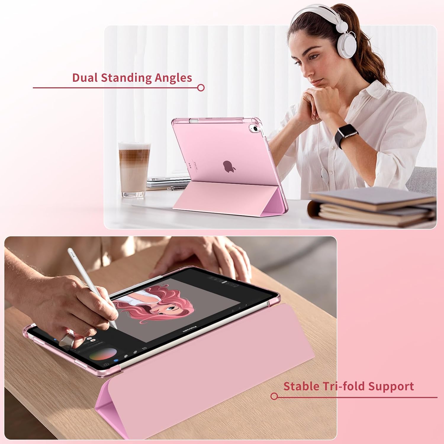 MoKo for iPad Air 13-Inch Case (M4/M3/M2) 2026/2025/2024 with Pencil Holder, Slim Light Trifold Protective Cover with Hard PC Translucent Back Shell for iPad Air 13, Auto Wake/Sleep, Pink