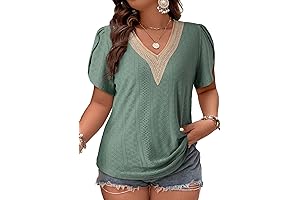 Women's Plus Size Soft Comfortable Lace V Neck Petal Short Sleeve Blouse...