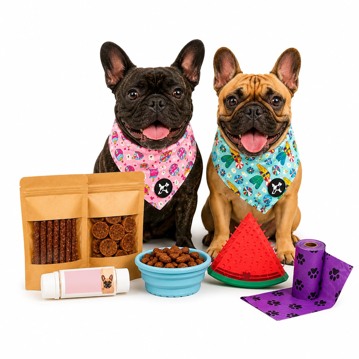 Pup Fuel Dog Treat Box Gift Set with Natural Dog Chews, Duck/Beef Sausages, Lamb/Turkey Coins, Pate Tube, Cooling Toy and Bandana and Poop Bags for Small to Medium Dogs (Green)