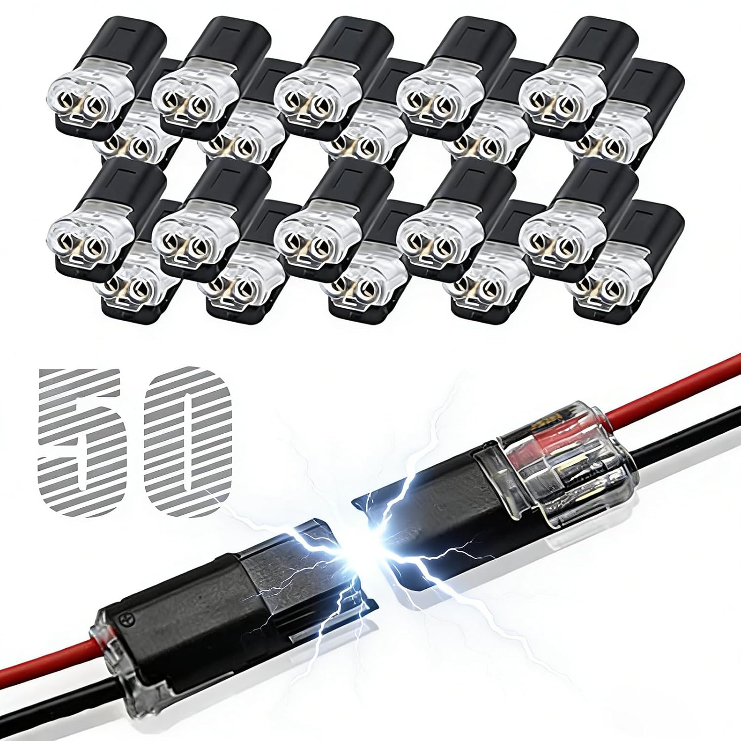 50pcs 2-Pin Double Wire Snap-On Connectors with Locking Buckle - Tool-Free Quick-Clip for LED Strips, DIY Crafts & Low-Voltage Wiring