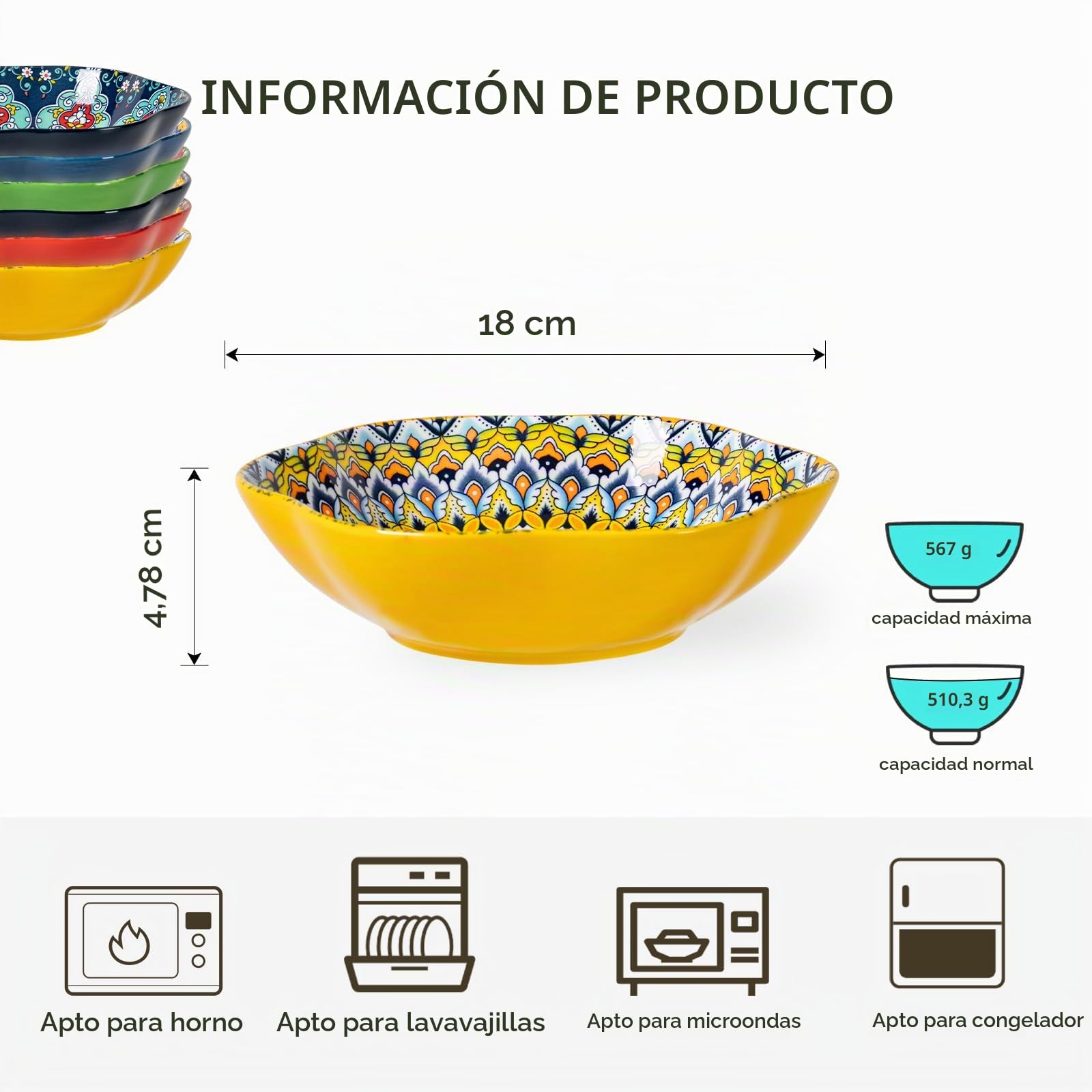HENXFEN LEAD ensaladera de porcelana, 590ml tazón de postre tazón de cereal, tazón de pasta en forma de flor para helado, arroz, postre, etc. Colorido, Paquete de 6 - Estilo Bohemio