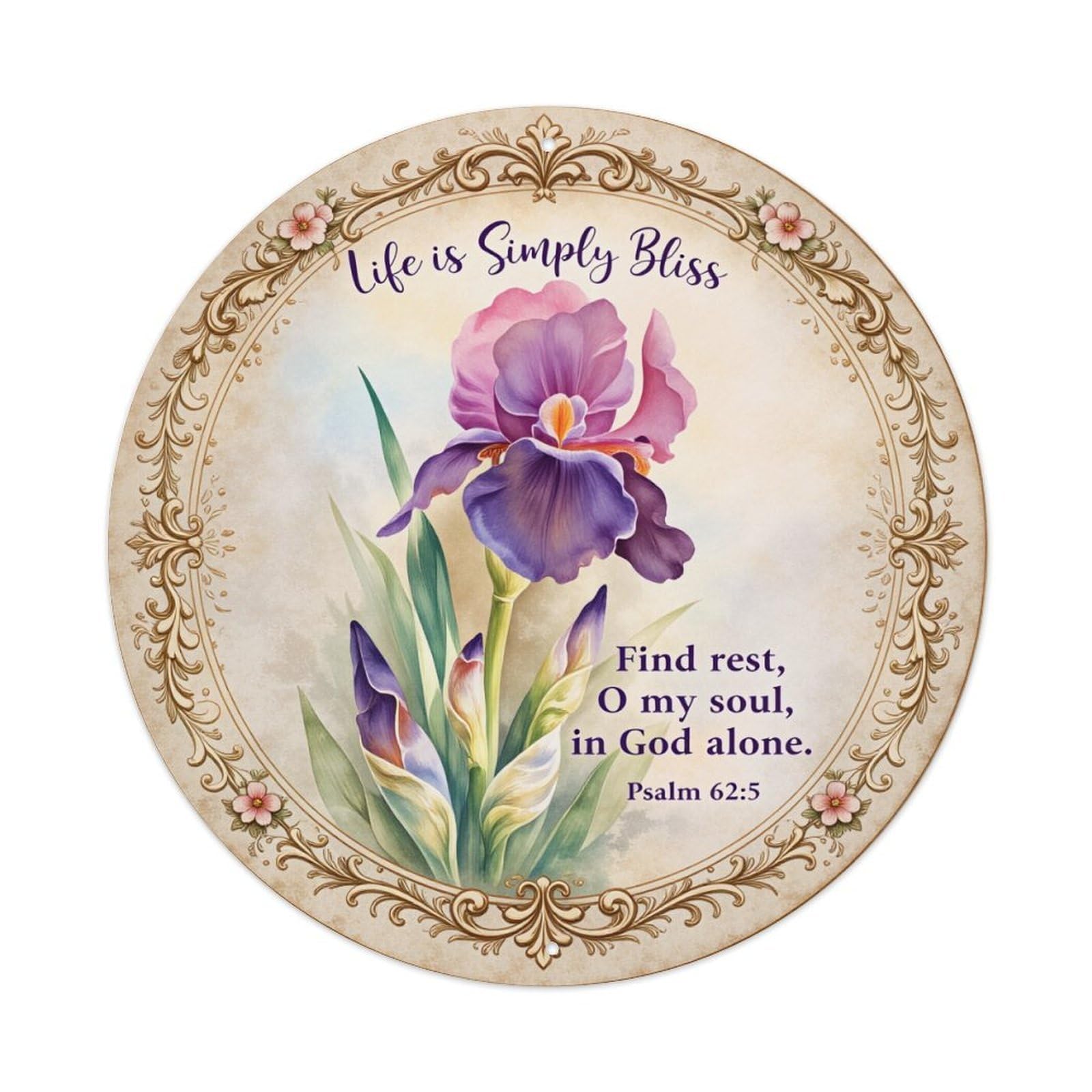 Floral Iris Design With Scripture Vintage Round Tin Sign Retro Metal Wall Decor Metal Poster, Home Bar Garage Cafe Wall Art Decoration 8x8Inches