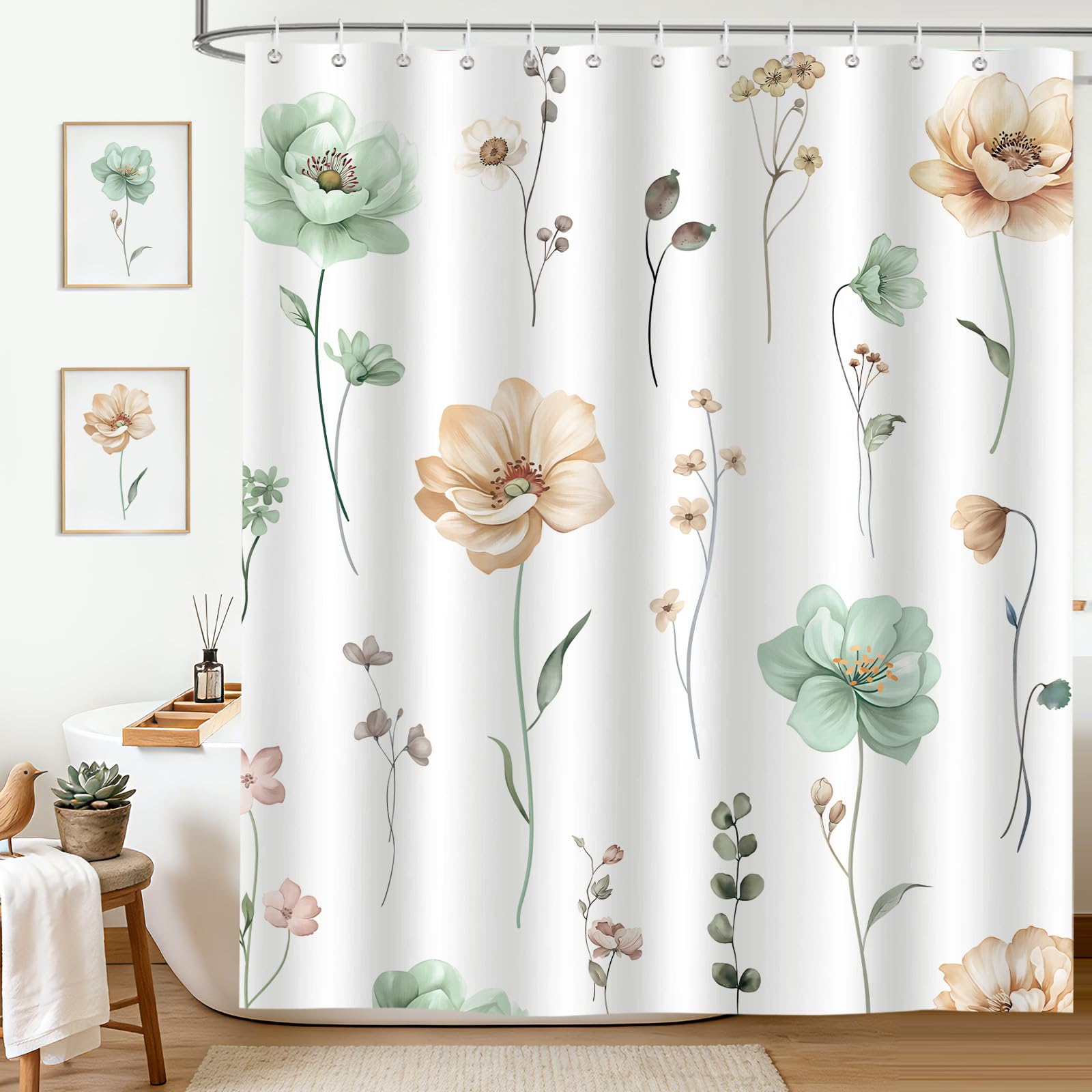 hometrixx Spring Modern Long Shower Curtain Watercolor Sage Green Beige Floral Bathroom Polyester Shower Curtains Machine Washable Waterproof Fabric with 12 Hooks, 180 x 180 cm