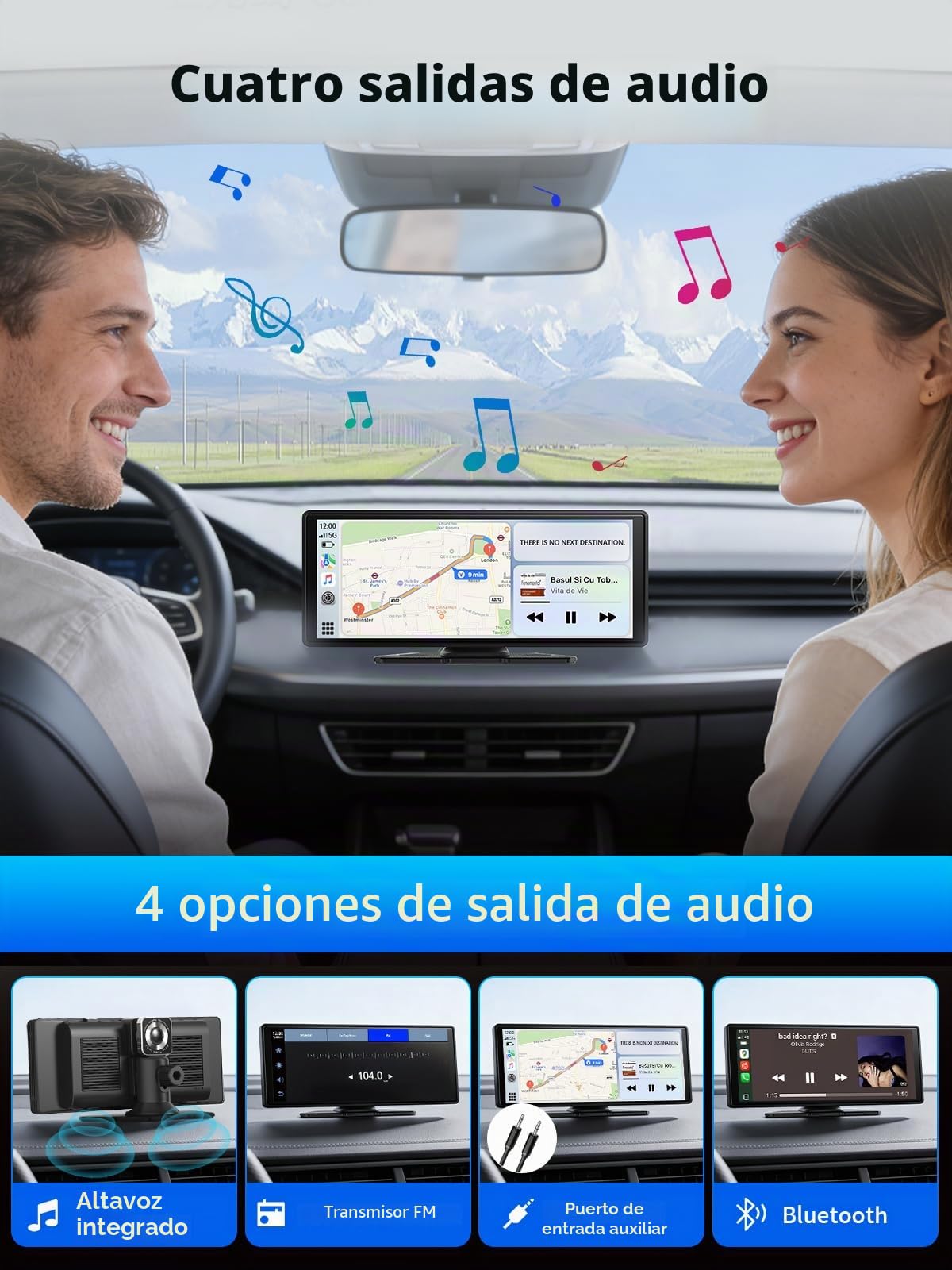 10.26" Pantalla Carplay Coche para Apple y Android, Cámara Trasera HD 1080P, Soporte Magnético, OTA, Bluetooth, Navegación GPS, Control por Voz Manos Libres, Mirror Link, FM, AUX