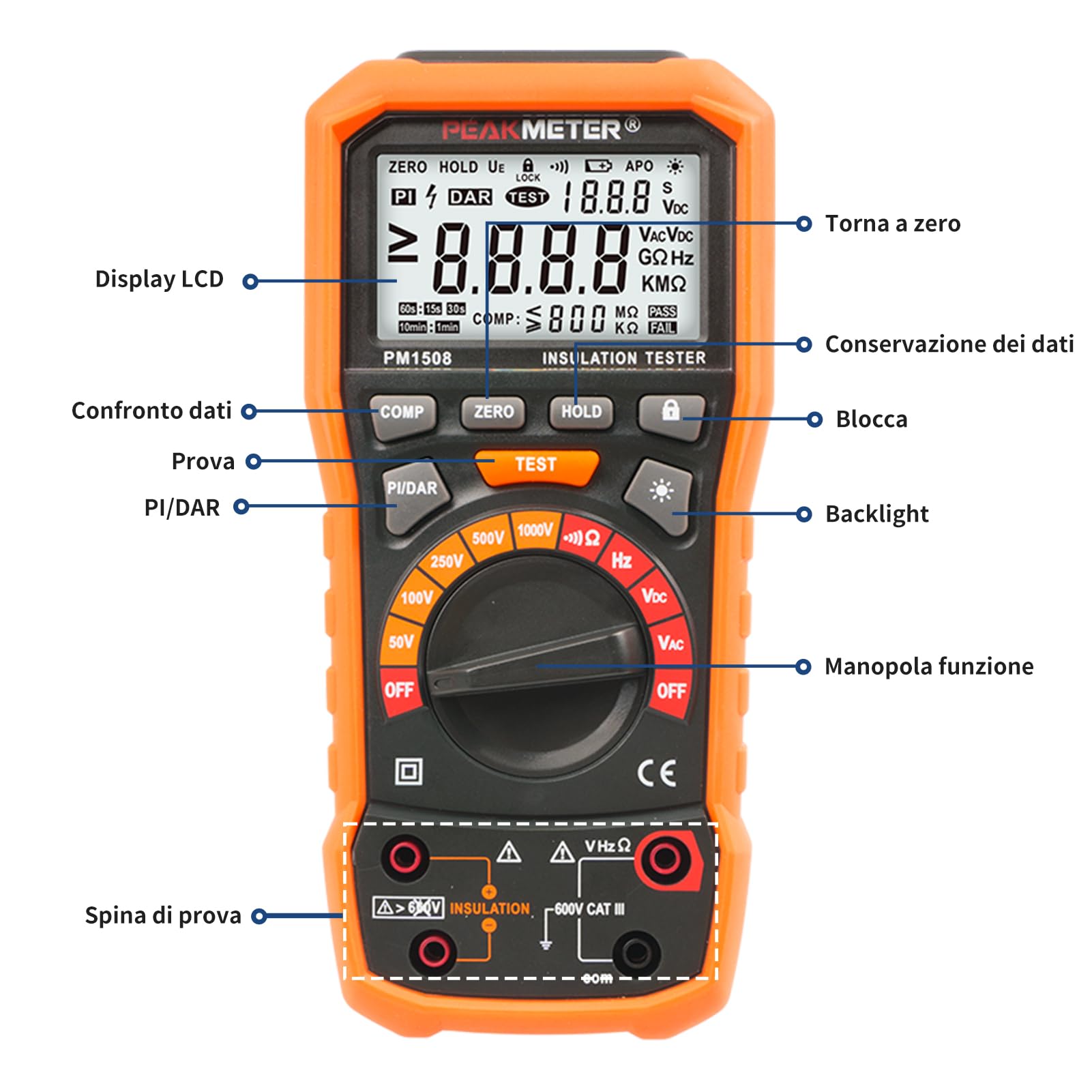 Megohmmetro, testatore di resistenza dell'isolamento, 50V-1000V,100GΩ | Megohmmetro,multimetro, 50V/100V/250V/500V/1000V, resistenza fino a 100GΩ con PI, DAR, frequenza, prova di bassa tensione