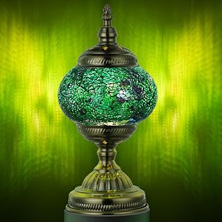 Marrakech Handmade Moroccan Mosaic Table Lamp - Vintage Turkish Style, Bronze Base, Shard Green LED Bulb for Bedroom Living Room Decor