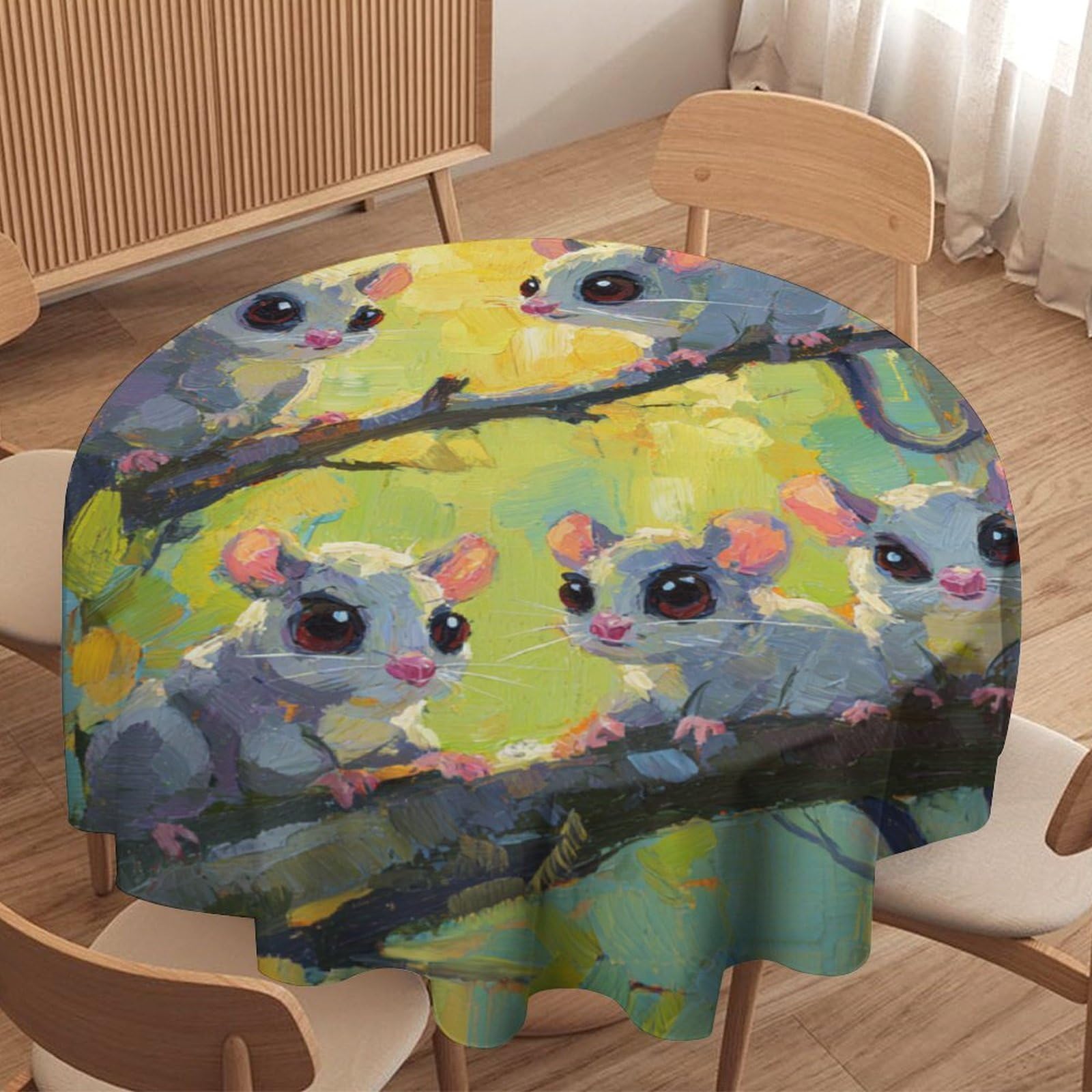 LUYYSKY Beautiful Realistic Cute Possums Round Tablecloth Rustic Abstract Plants Tree Branch Animal Possums Washable Decor for Table Cover for Kitchen-177.8" Wx177.8 L cm